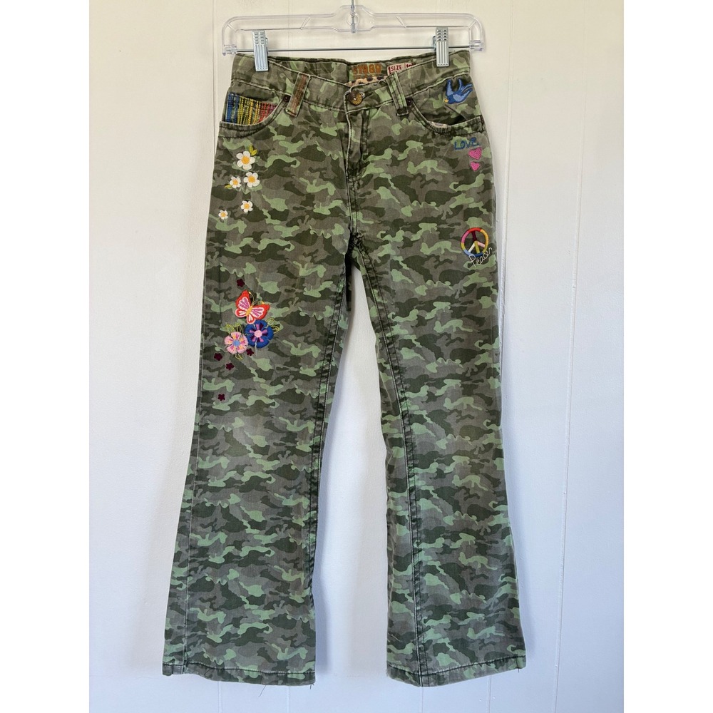 The Children's Place Girls Camo Embroidered Peace‎ Flower Pants Size 12 Green
